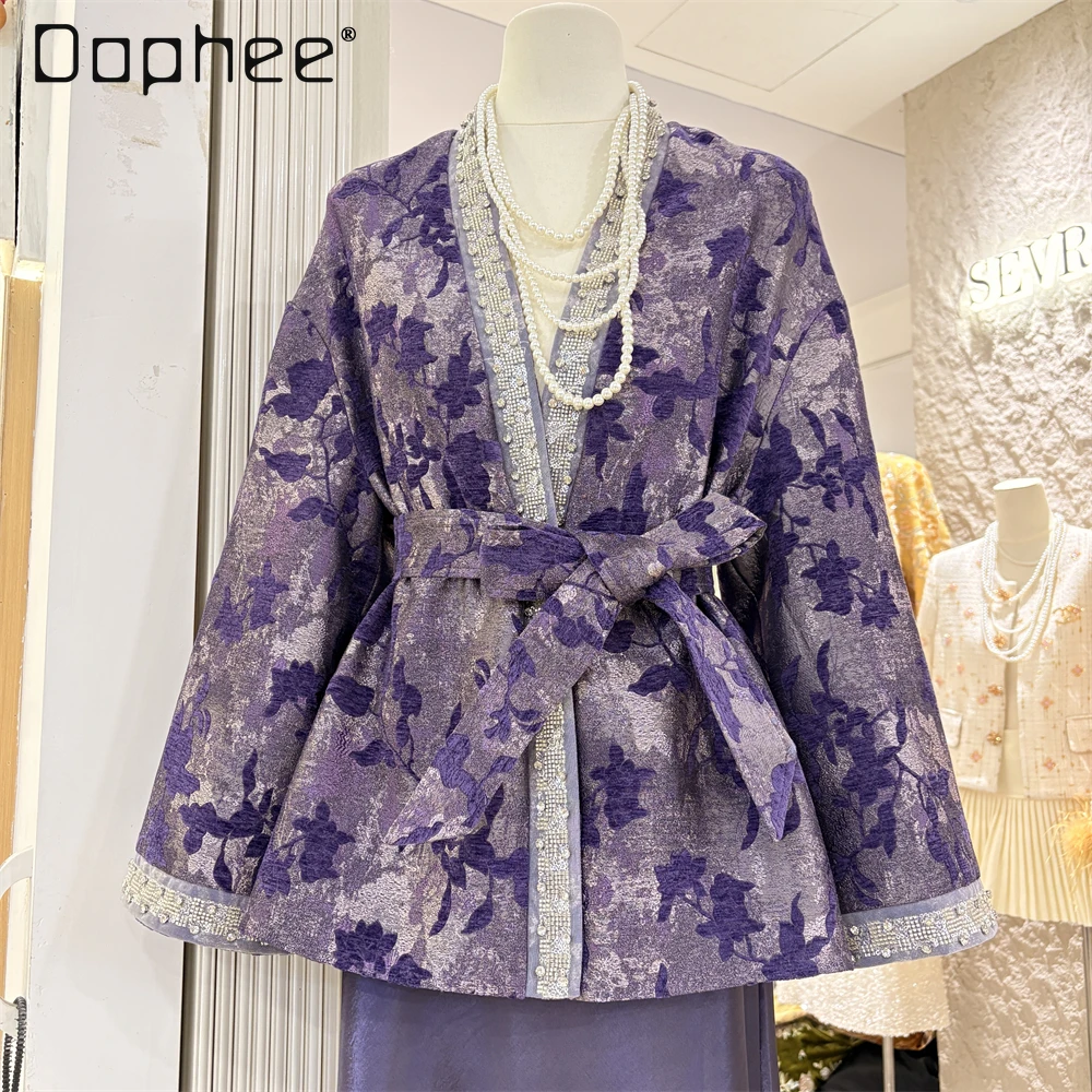 

Жаккардовая элегантная новая куртка в китайском стиле, осень-зима, высококачественная тонкая куртка с длинными рукавами и поясом с v-образным вырезом и бисером