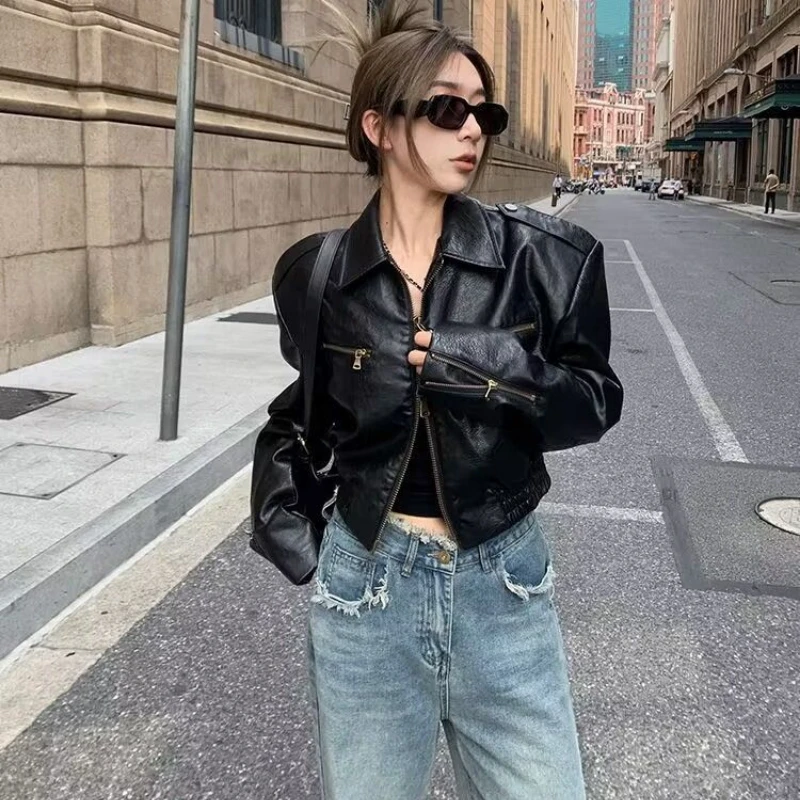 Vintage Pu Leather Jacket Motorcycle Bomber Jacket Double Zipper Long Sleeve Streetwear Autumn Short Tops Korean Chic Black Coat