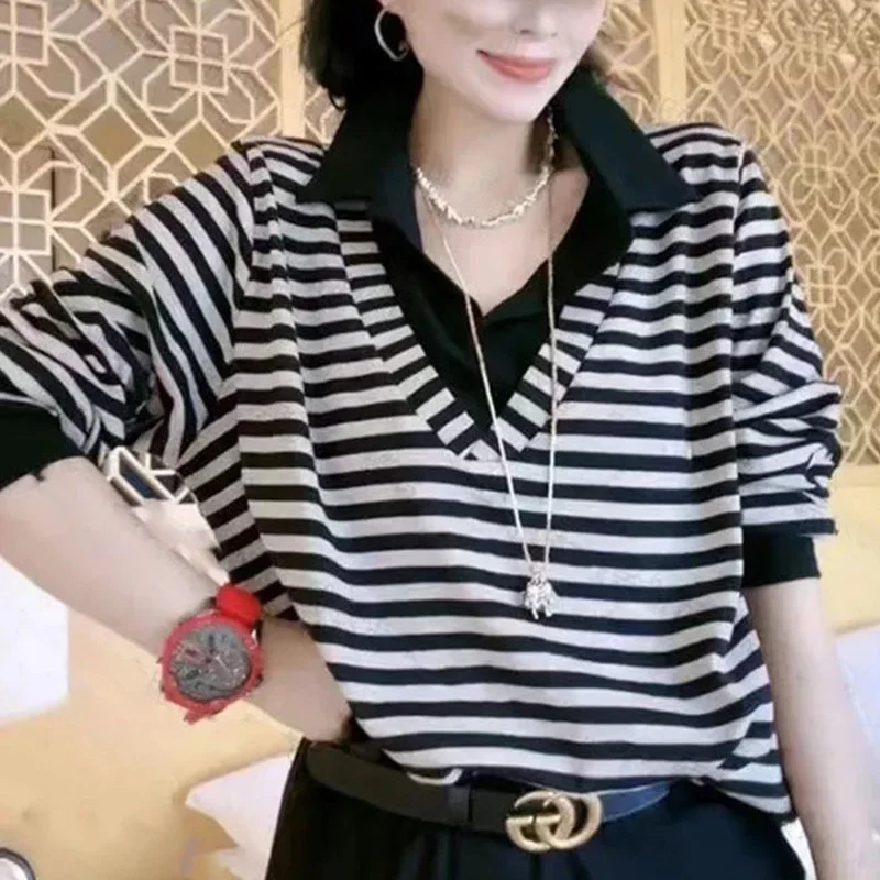 Mode revers épissé ample faux deux pièces rayé Blouse femme vêtements automne nouveaux pulls décontractés hauts trajet chemise XQ127