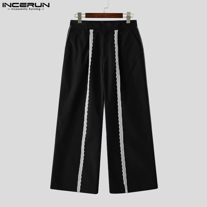 INCERUN 2024 Style américain pantalon élégant hommes dentelle épissage jambe droite conception pantalon Long loisirs Clubwear offre spéciale Pantalons