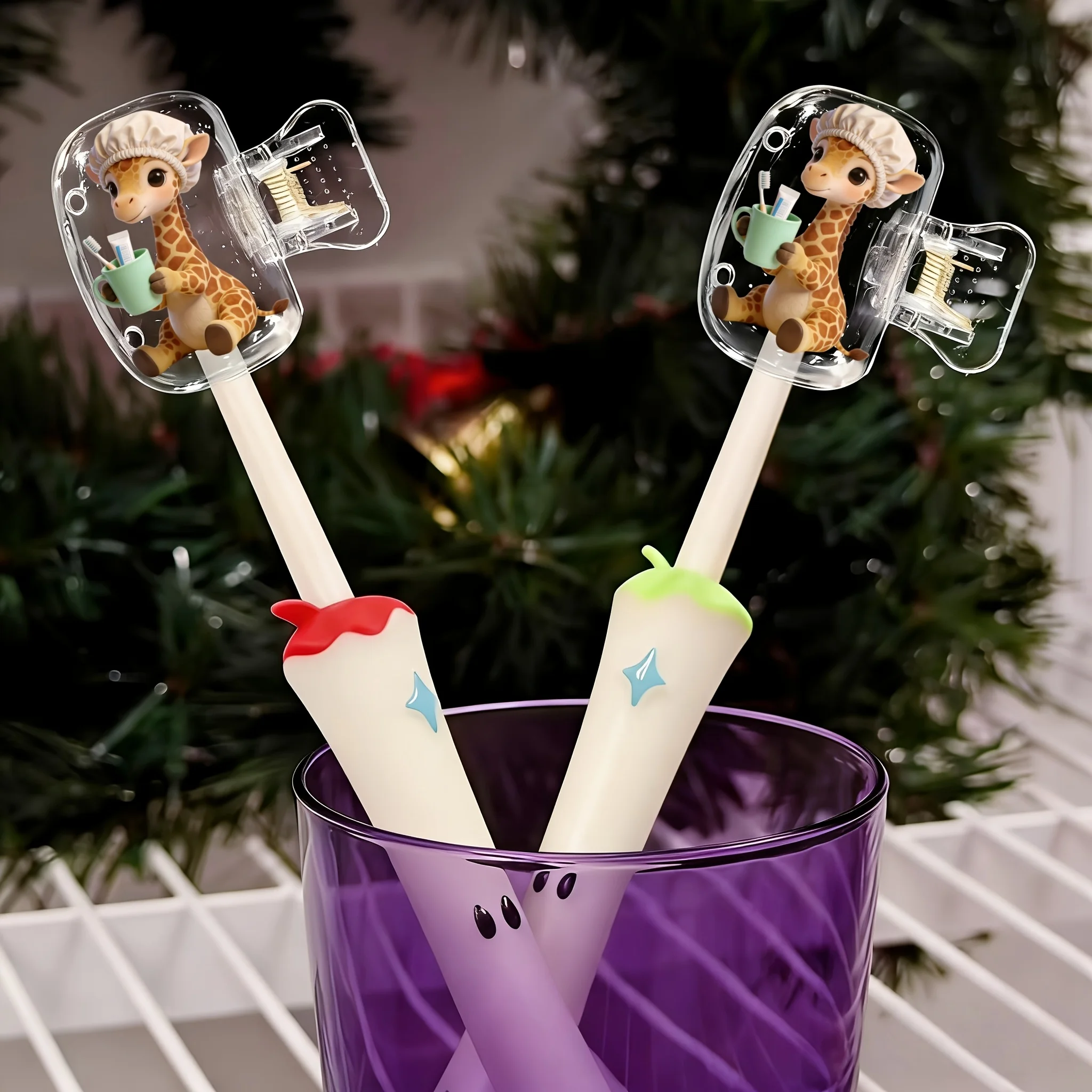 2pcs Cute Giraffe Wearing a Shower Cap Portable Toothbrush Head Cover Bathroom Accessory Business Travel Daily Use Outdoor Trips