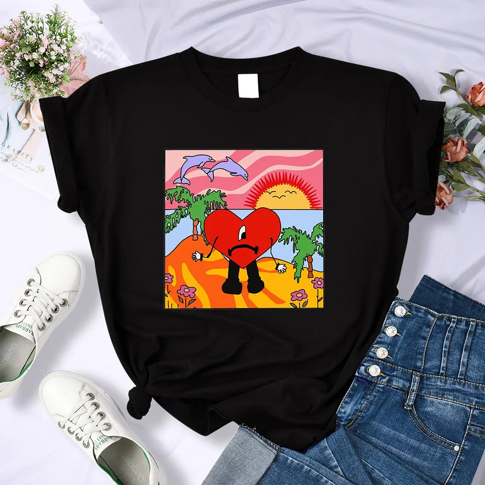 

LE Bad Bunny Sad Love Heart Beach Sun Dolphin Palm Tree New Loose T shirts Hip Hop Street Multicolor Womens Clothing