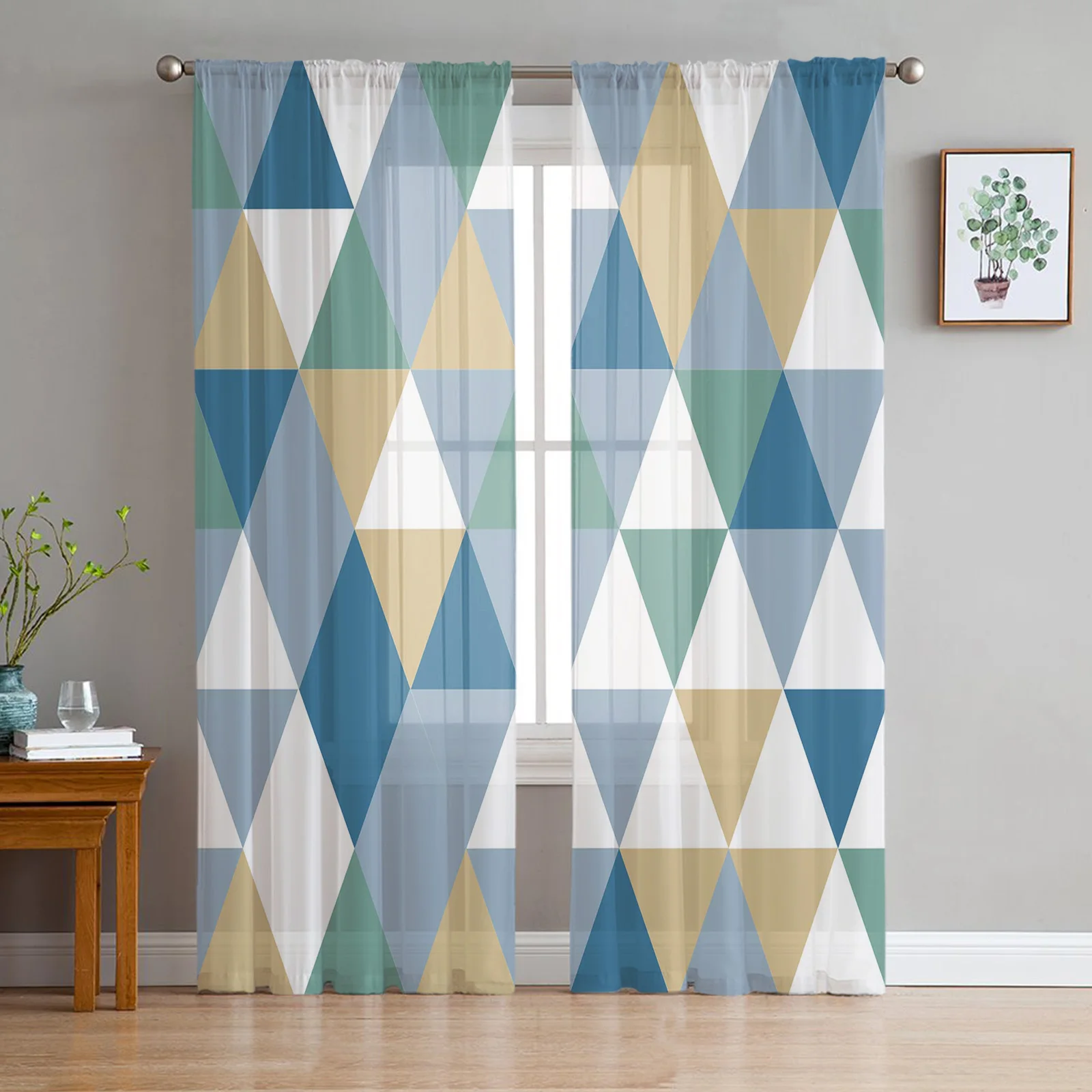 

Blue Yellow Triangle Repeated Geometry Sheer Curtains for Living Room Tulle for Windows Voile Yarn Short Bedroom Curtains