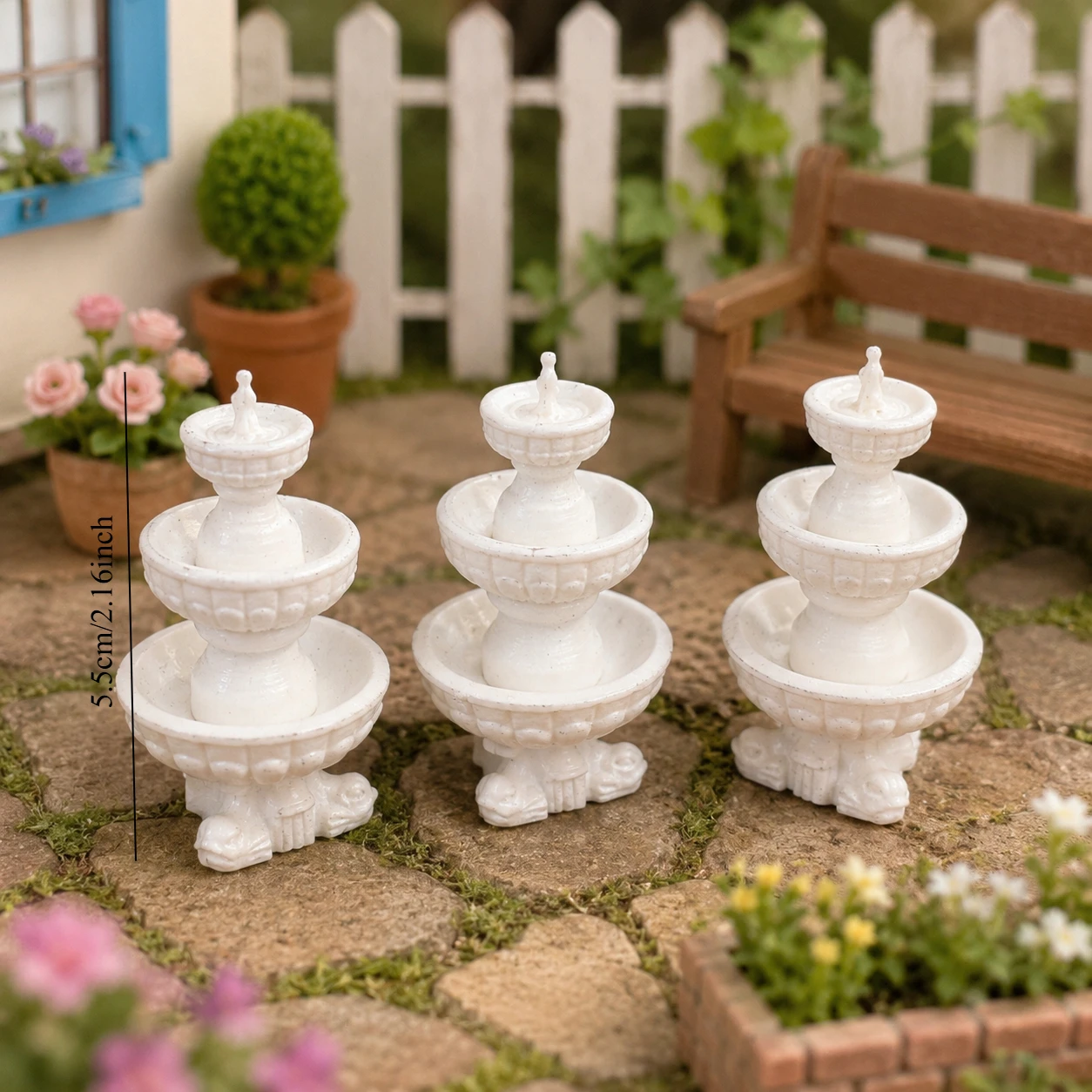 3pcs Miniature 3-Tier Classical Fountain Statues, White Mini Water Feature Ornaments, Realistic Mini Garden Fountain Decor
