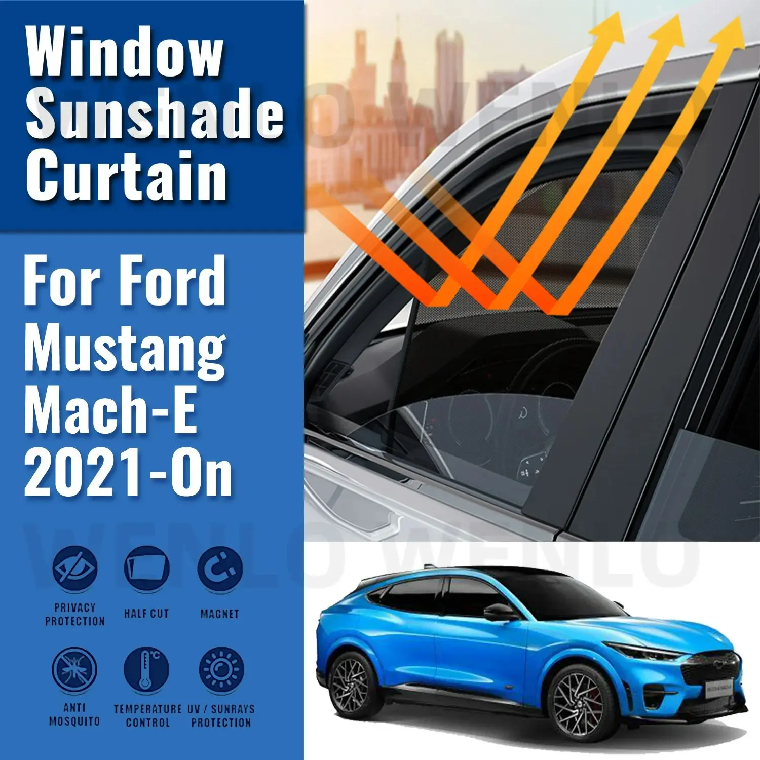 

For Ford Mustang Mach-E 2023 2022 2021 2020 Car Sunshade Front Windshield Magnetic Mesh Curtain Rear Side Window Sun Visor Shade