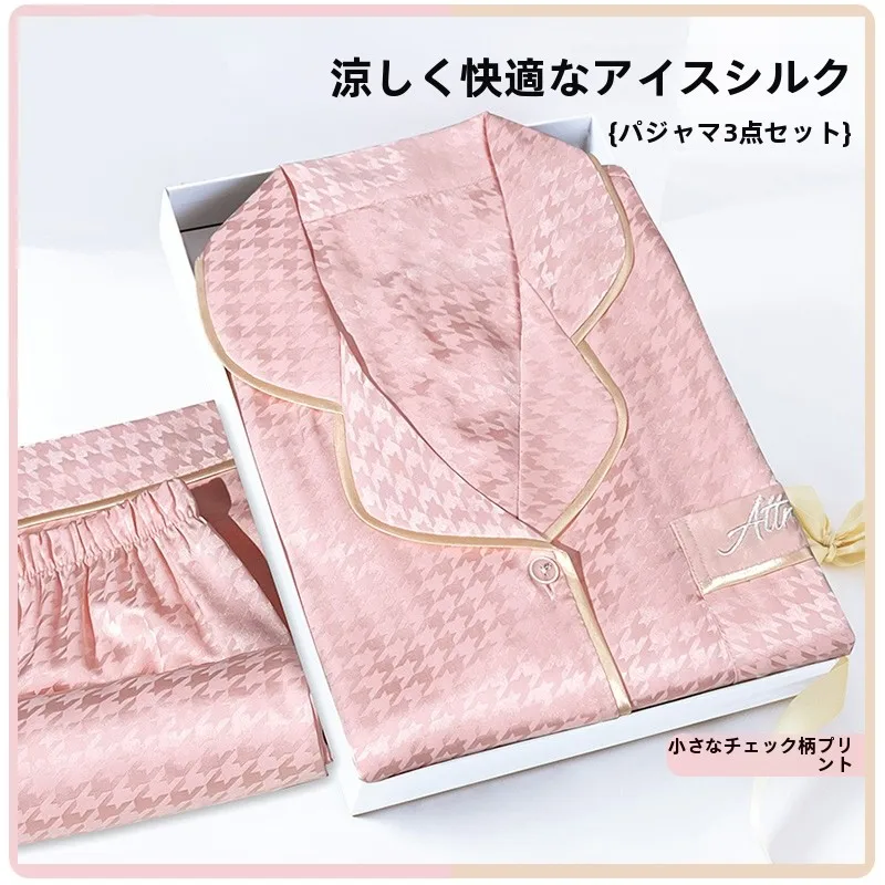 pink-plaid-summer-ice-silk-short-sleeve-three-piece-set-women's-sleepwear-loose-fit-spring-summer-collection-comfortable-home