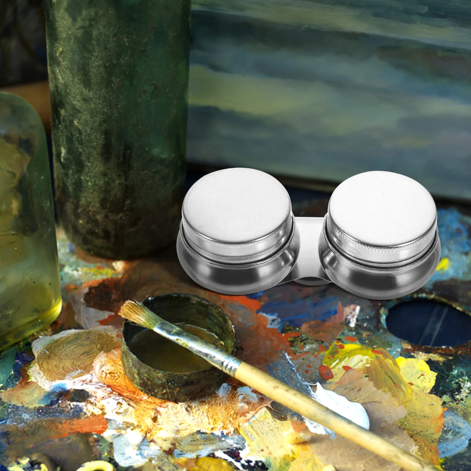 

2pcs Stainless Steel Palette Cups Oil Painting Mixing Portable Color Kettle Brush Cleaning Pot Durable Small Size Art Supplies