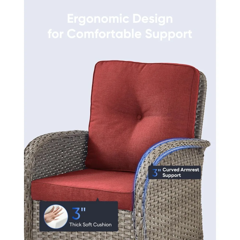 طقم كرسي هزاز دوار خارجي مكون من ثلاث قطع وطاولة فناء، بما في ذلك طاولة جانبية