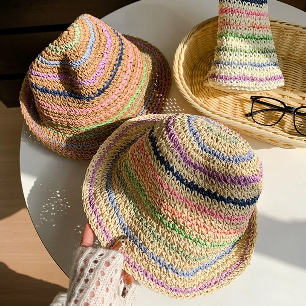

Fashion Summer Beach Straw Cap Women's Striped Rainbow Sun hat Wide Brimmed Handmade Bucket Hat Travel