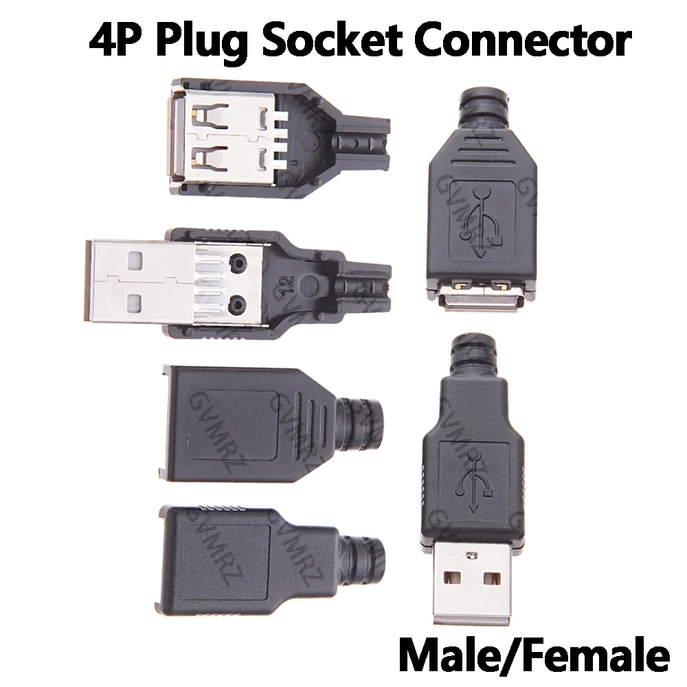 10PCS 4P 4-Pin Plug Socket Connector, USB Type-A Male/Female With Black Plastic Cover, DIY Kits