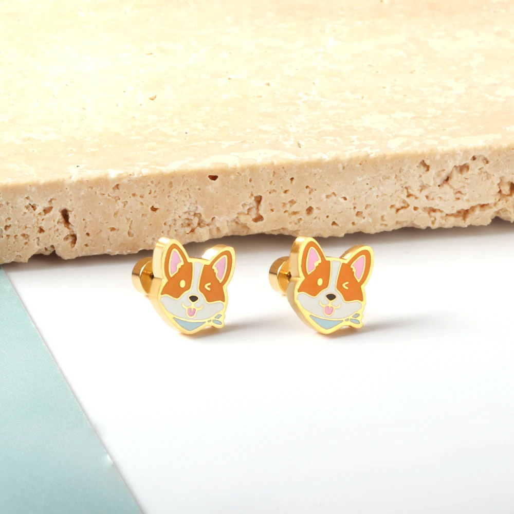 Cute Cartoon Corgi Earrings For Women Trending Gold Color Stainless Steel Piercing Screw Back Aretes De Mujer Ear Stud 2024