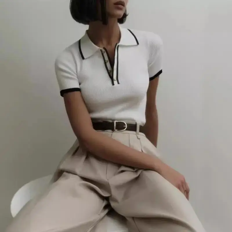 

Женский облегающий трикотажный топ с воротником из шелковистого материала, модный и элегантный, для женщин.