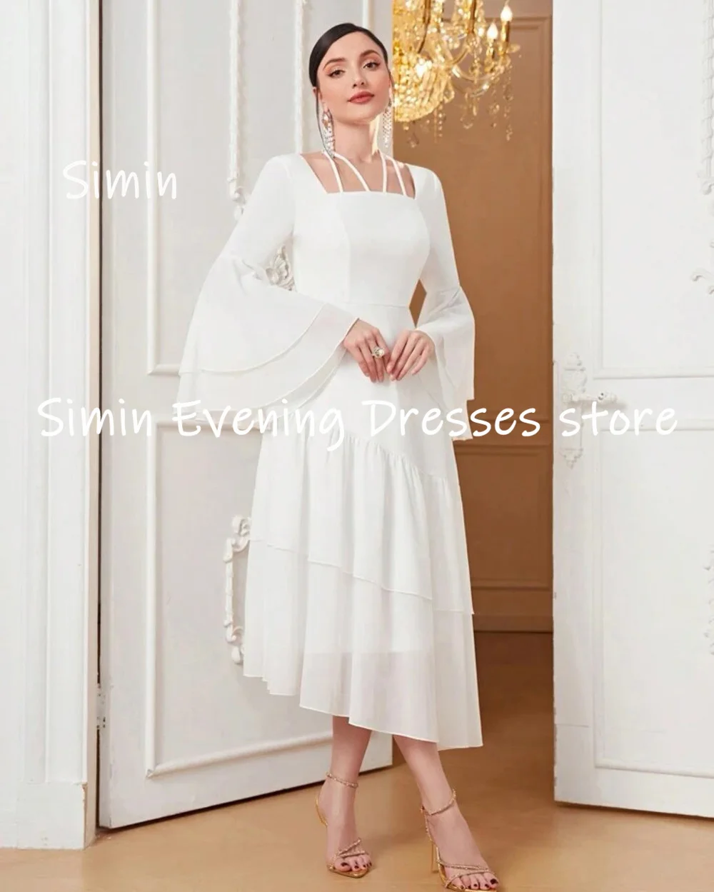 Simin-Robe de soirée en mousseline de soie pour femme, ligne A, col bateau, à volants, longueur de rinçage, élégante, 2023