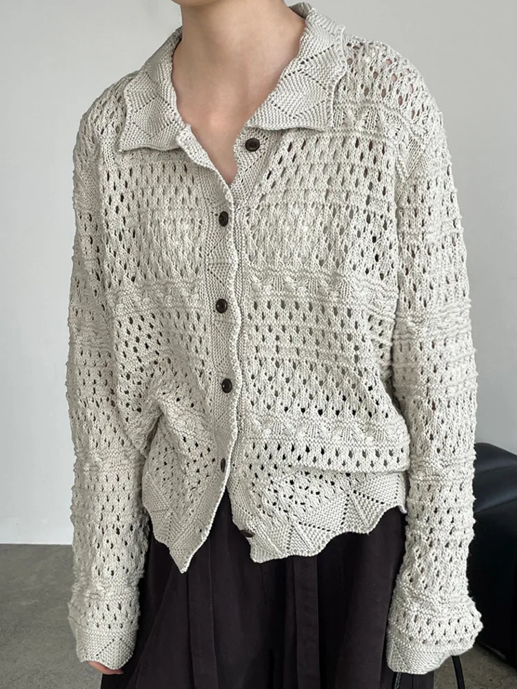 WHTREND 여성용 한국 스타일 웨이브 레이스 중공 니트 카디건 싱글 브레스트 스웨터 코트 WH1389