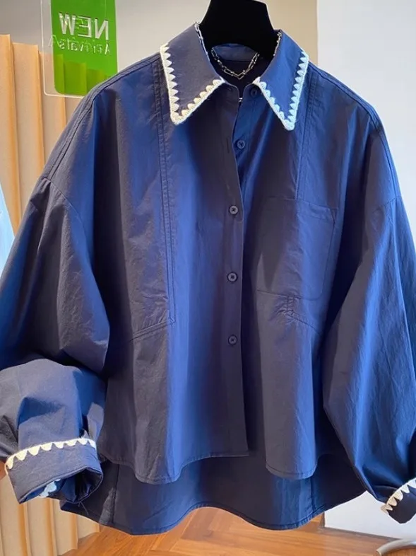 Elegant Long Sleeve Embroidered Contrast Color Patchwork Collar Loose Slimming Shirt Korean Style Casual Cotton Blend Blouse