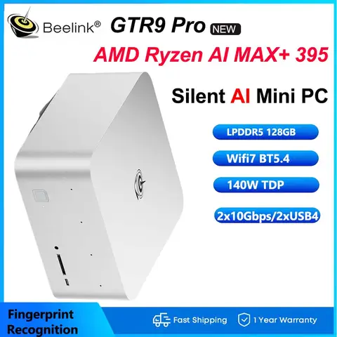 Beelink GTR9 Pro AMD Ryzen AI MAX+ 395 AI Mini PC Windows 11 LPDDR5 128GB 2TB Wifi7 BT5.4 8K Fingerprint Desktop Gamer PC