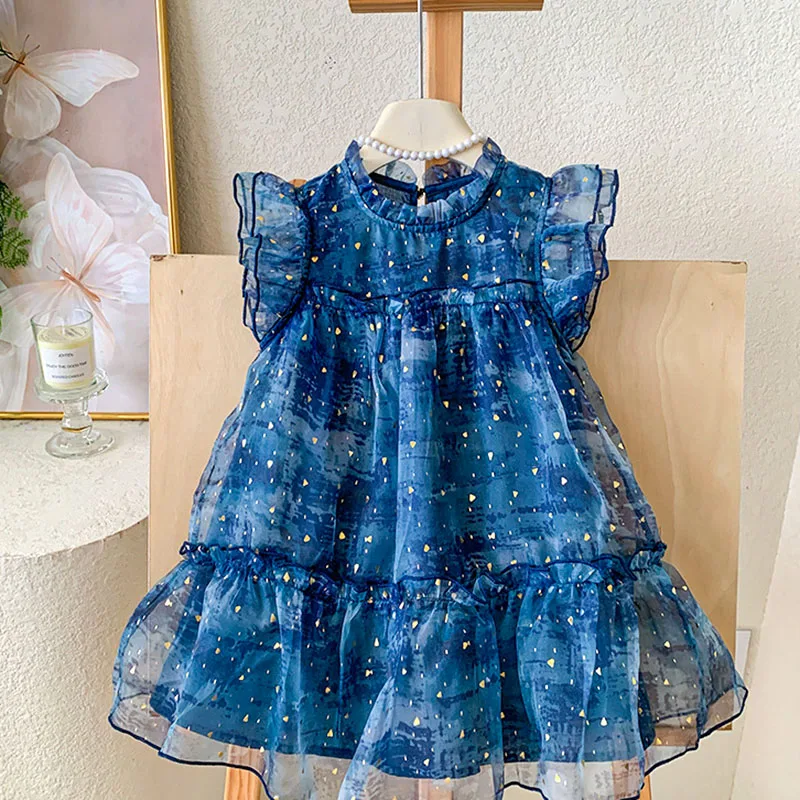 

Starry Flying Sleeve Dress Summer Girls Dress Sequined Blue Vest Dress Gauze Skirt Dress for Kids Girl Birthday Kids Clothes