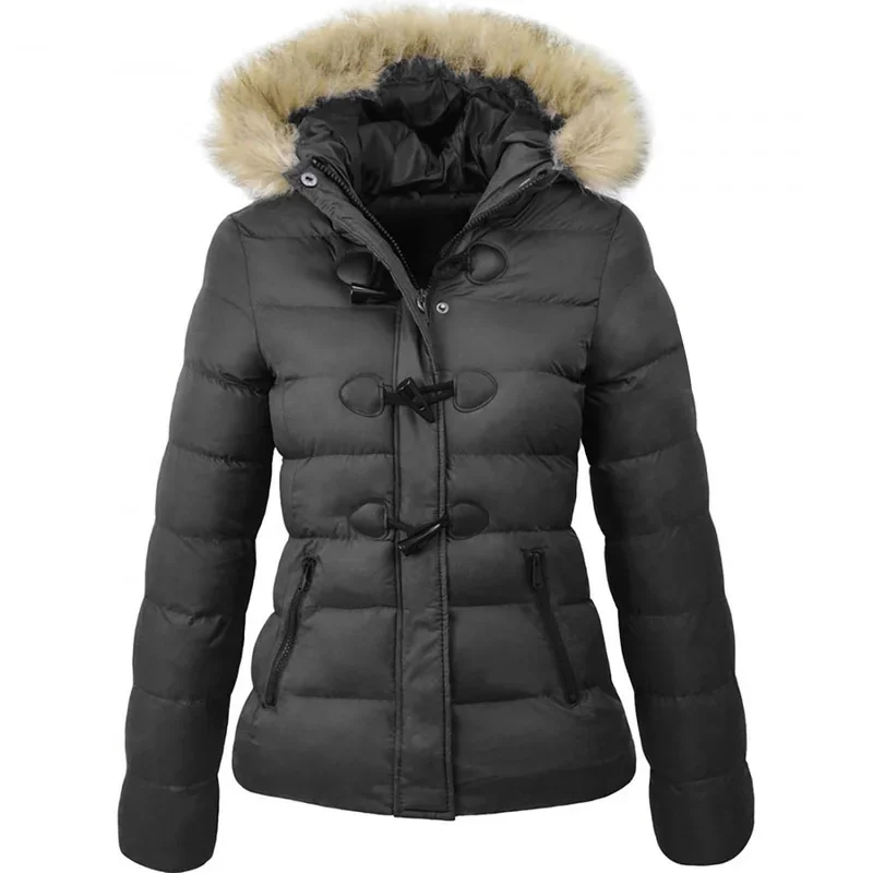 

2023 New Winter Fashion Short Hooded Casual Fur Collar Angle Button Slim Oversized Women's Oversized Warm Coat Ladies Parka