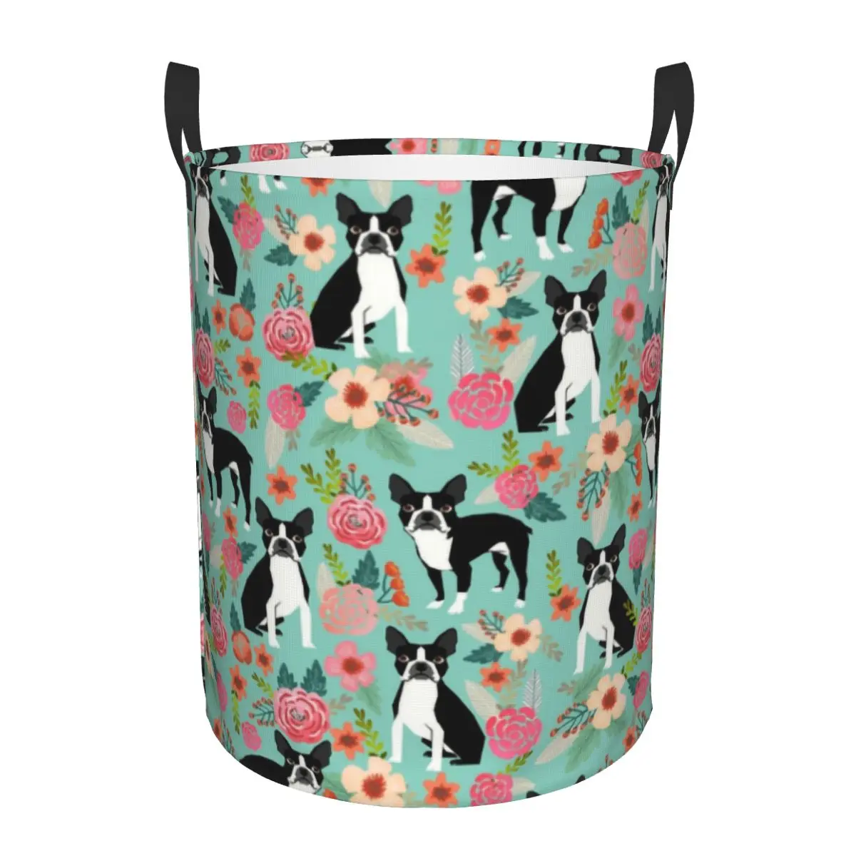 Custom Boston Terrier Dog Florals Pattern Laundry Basket Collapsible Large Capacity Clothing Storage Bin Puppy Pet Baby Hamper