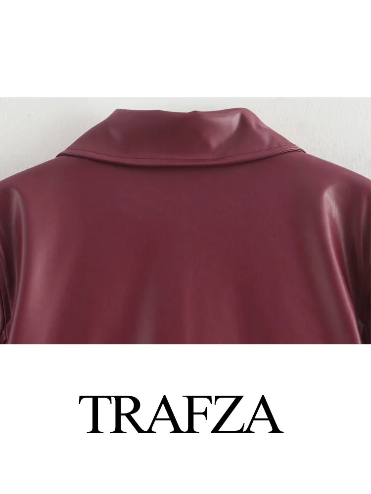 TRAFZA Women Lapel Zipper Long Sleeve Pockets Design Red Wine Coats Fashion Woman Autumn Casual Loose Jacket Coats Streetwear