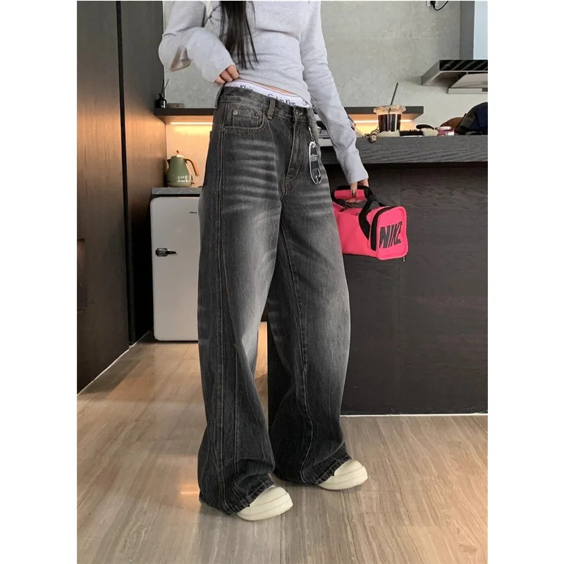 Czarne dżinsy damskie z wysokim stanem American Street Spodnie z szerokimi nogawkami Vintage Straight Baggy Casual Plus Size Mom Oversize Denim