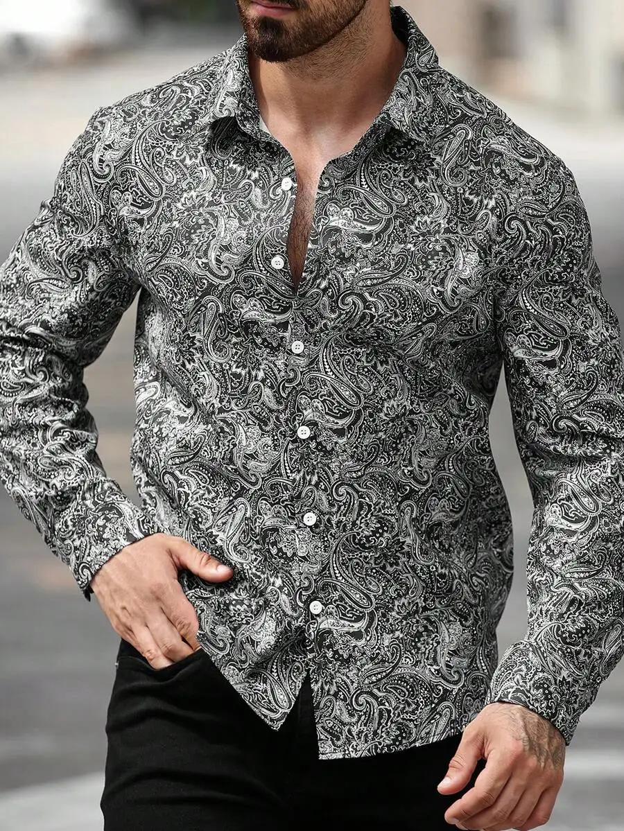 

Men's Casual Long Sleeve Shirt with Black and White Paisley Print