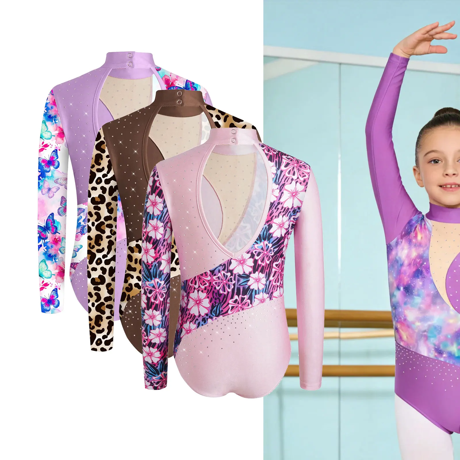 Floral Print Dance Leotard Kids Girls Rhythmic Gymnastics Figure Skating Tights Performance Costume Rhinestone Workout Jumpsuit