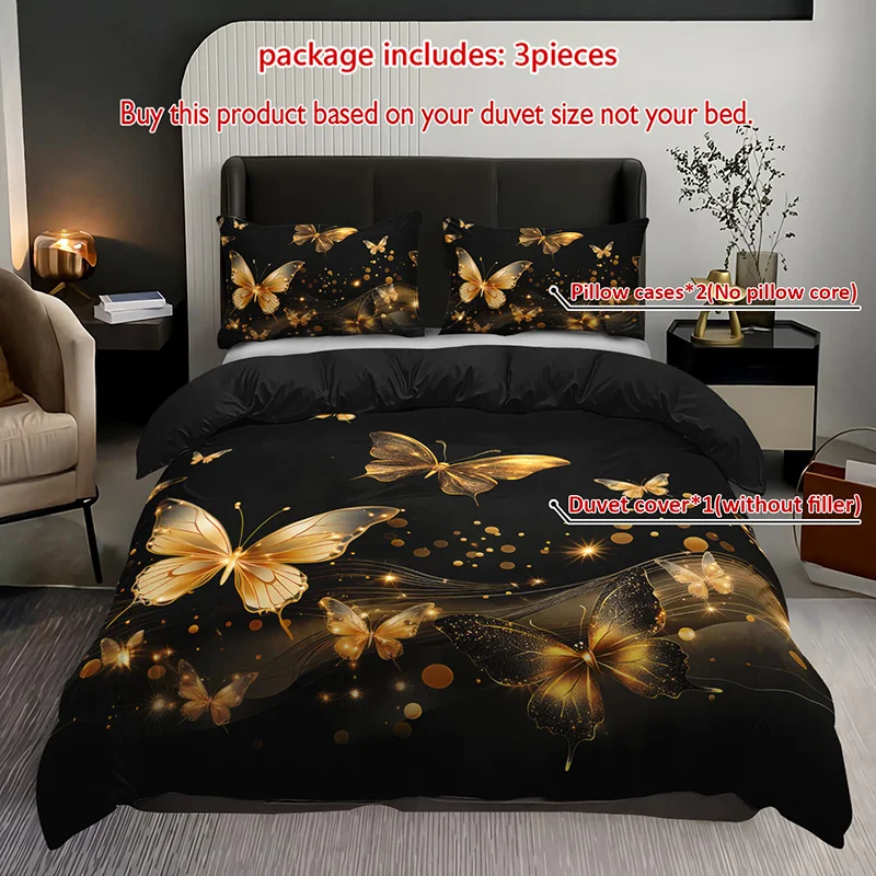 

3pcs Luxury Golden Butterfly Bedding Duvet Cover Set Elegant Butterfly Bedding Quilt Set Modern Butterfly Themed Bed Quilt Set