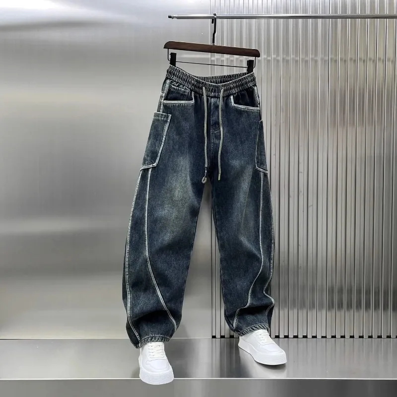 Spring Autumn New Splicing Cutting Elastic Waist Large Size Boys Washed Loose Wide Leg Big Pocket Scimitar Drawstring Jeans