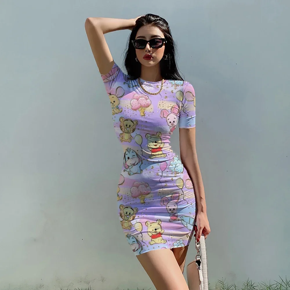 Disney Winnie the Pooh Bodycon Dresses for Women Short Sleeve Sexy Dress Summer Kawaii O Neck Robes Casual Party Club Vestido