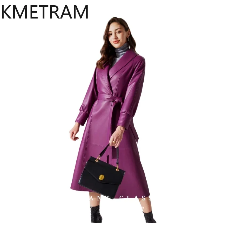 Genuine Leather Jacket Woman 100% Sheepskin Purple Long Jackets High Quality Leather Trench Coat Spring Women Clothing 2025 가죽자켓