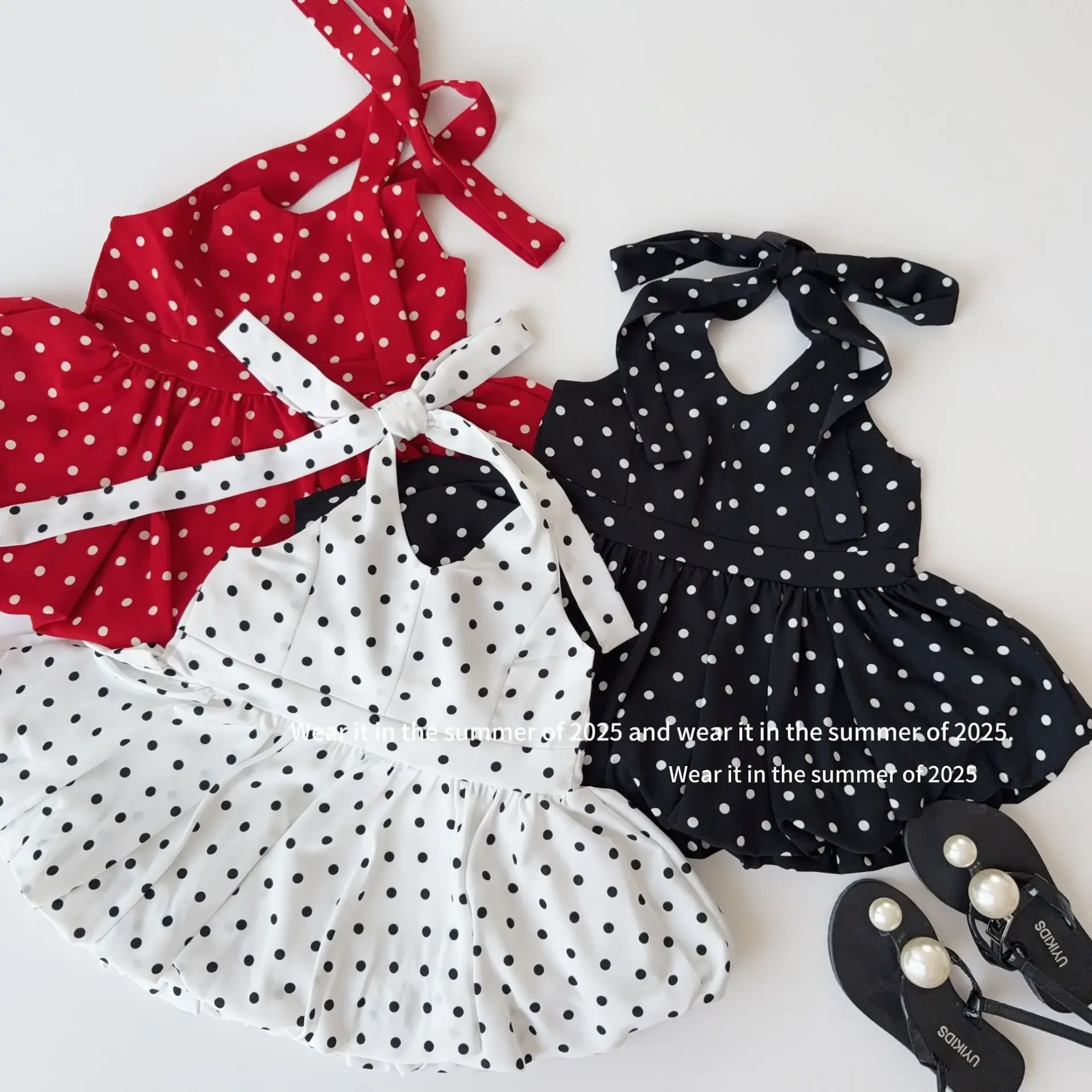 Children Summer Backless Cropped Tops Spicy Girl Kids Girls Fashion Halter Tops Dots Solid Sleeveless A-line Fluffy Shirts 2-10Y