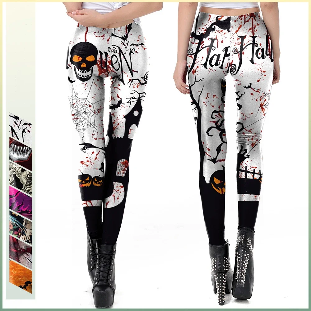 Women Halloween Night Dress Up S-pants Vintage Skull Bat Pumpkin Head Print Variety Leggings Girl Hip Lift Pencil Pants Trousers