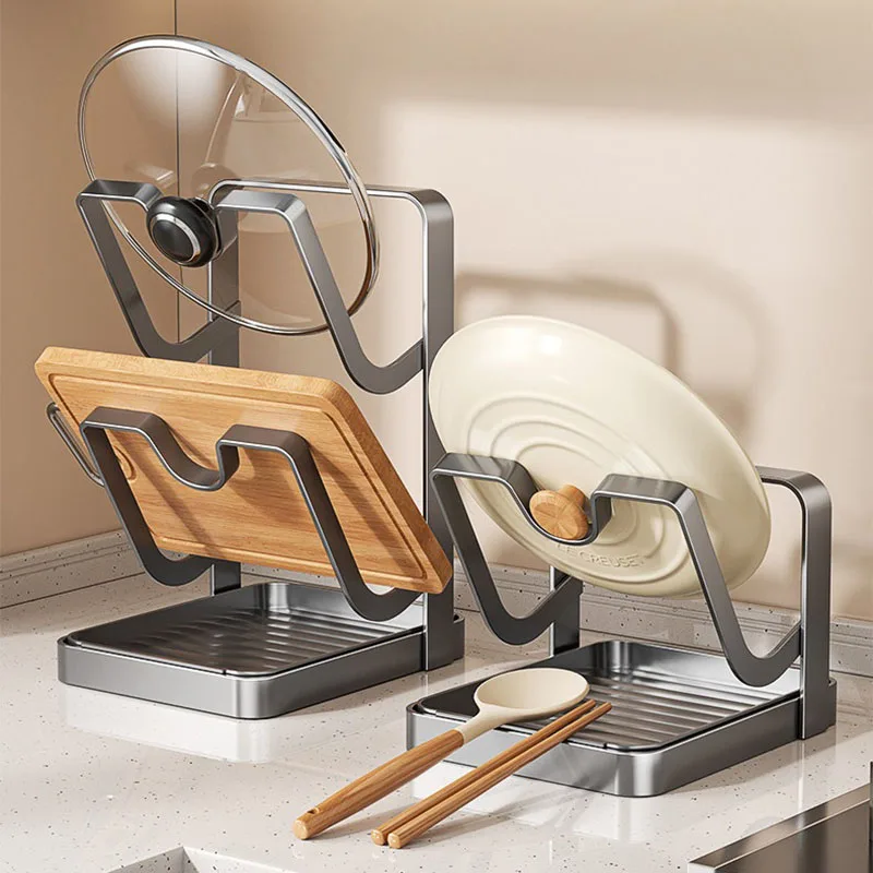 Countertop Pot Lid Holder Stand Carbon Steel Kitchen Organizer Dish Rack for Cutting Board Spatula Pan Cover with Drainage Tray