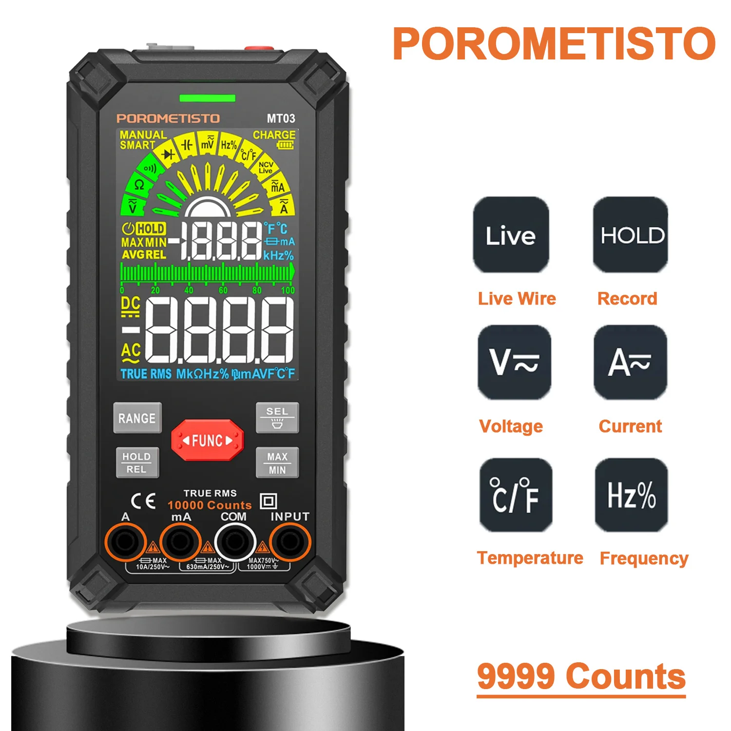 POROMETISTO MT03 Digital Multimeter Voltage Tester TRMS Auto Ranging AC/DC Current Resistance Temp Continuity Capacitance Tester