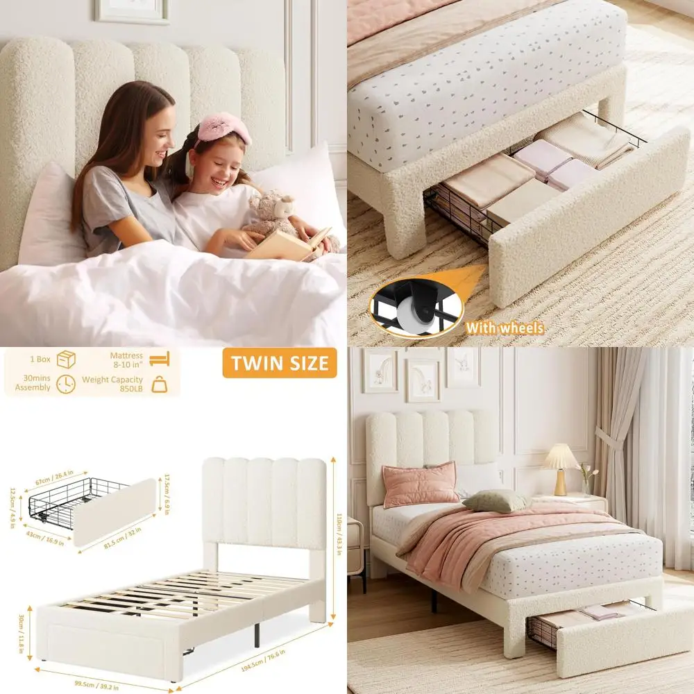 

Двуспальная кровать-платформа с мягкой обивкой и местом для хранения под кроватью, изогнутым изголовьем, из ткани букле бежевого цвета, не требует пружинного блока.