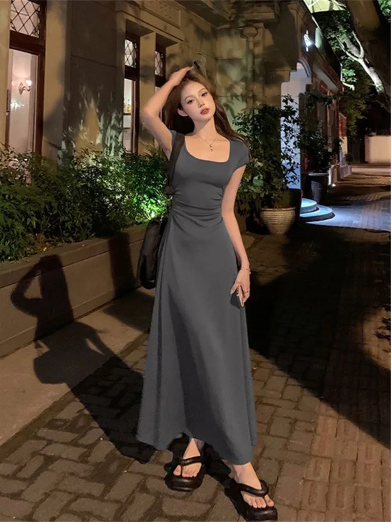 

High end square neck short sleeved dress for summer 2024 new gray lazy slim fit waist length casual long dress for women 12PL