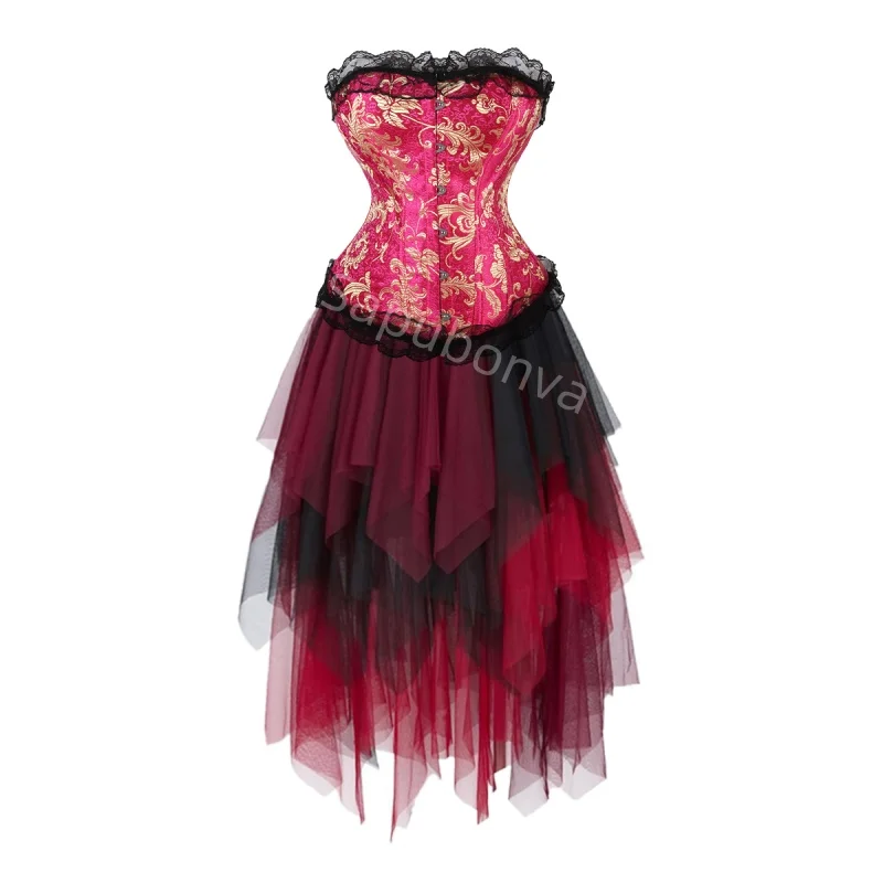 

Corset Dress Costume long Lace skirt Set With Lace Bustier Costume Party Renaissance Ladies Outfit Retro Plus Size Halloween red