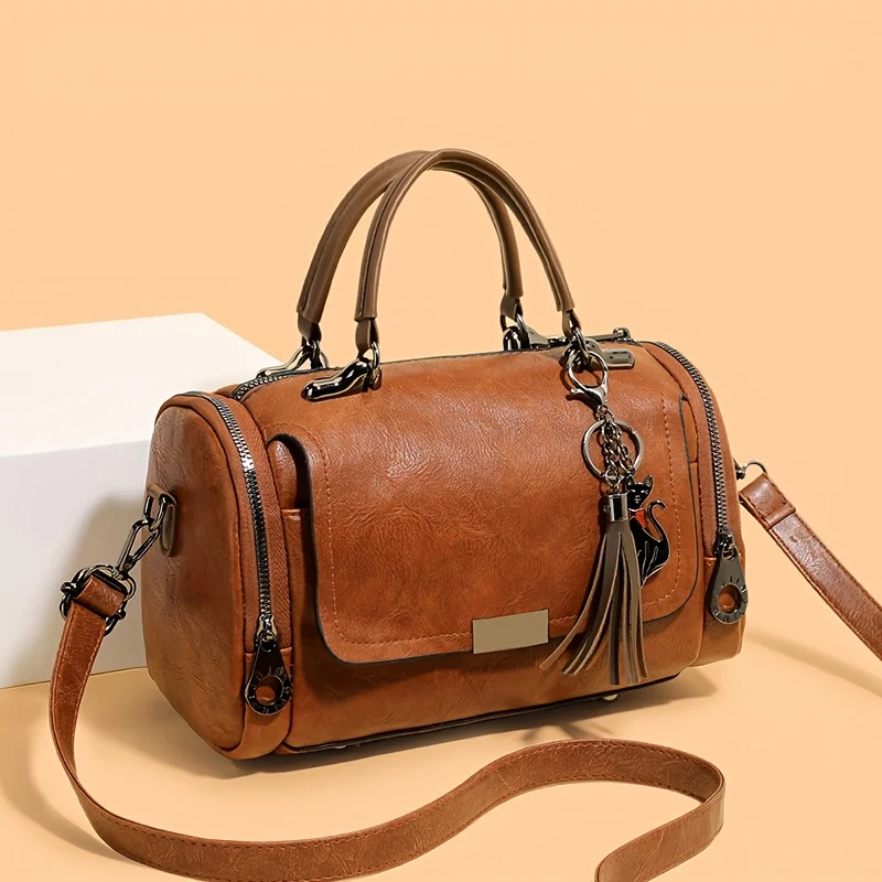 Women'S Shoulder Bag, Vintage Boston Handbag, Crossbody Bag And Top Handle Bag, Women'S Tassel Pendant Small Handbag