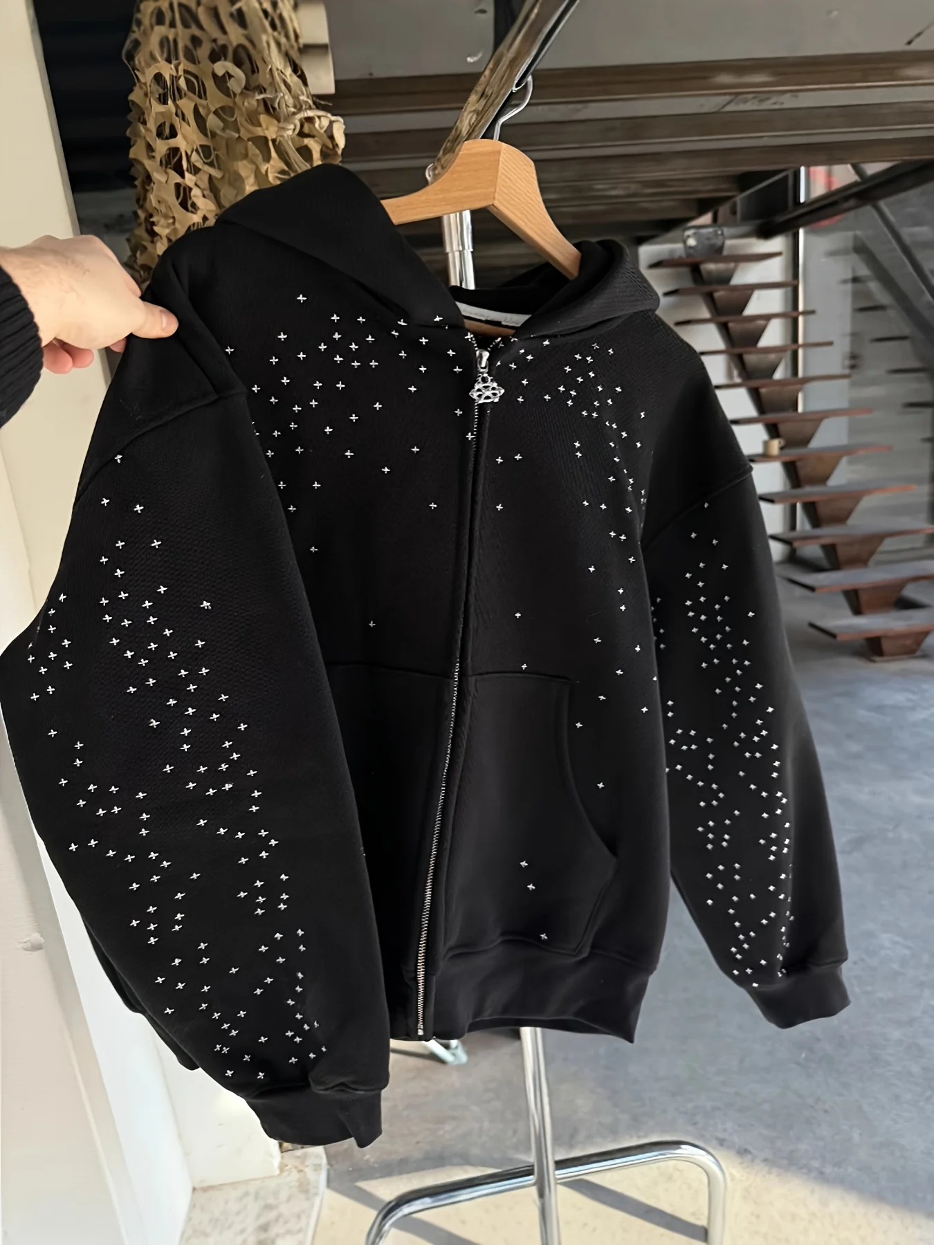 Rhinestone Cross Studded Black Zip Up Hoodie Oversized Streetwear Y2K Hooded Jacket Casual Daily Wear All Season Sweatshirt
