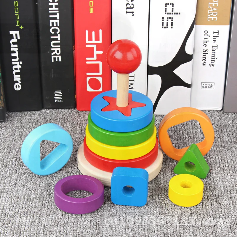 Edukacyjna drewniana wieża tęczowa Jenga - zabawka do dopasowywania kształtów i nauki kolorów dla dzieci w wieku 3-6 lat, warstwowy design w kształcie koła dla