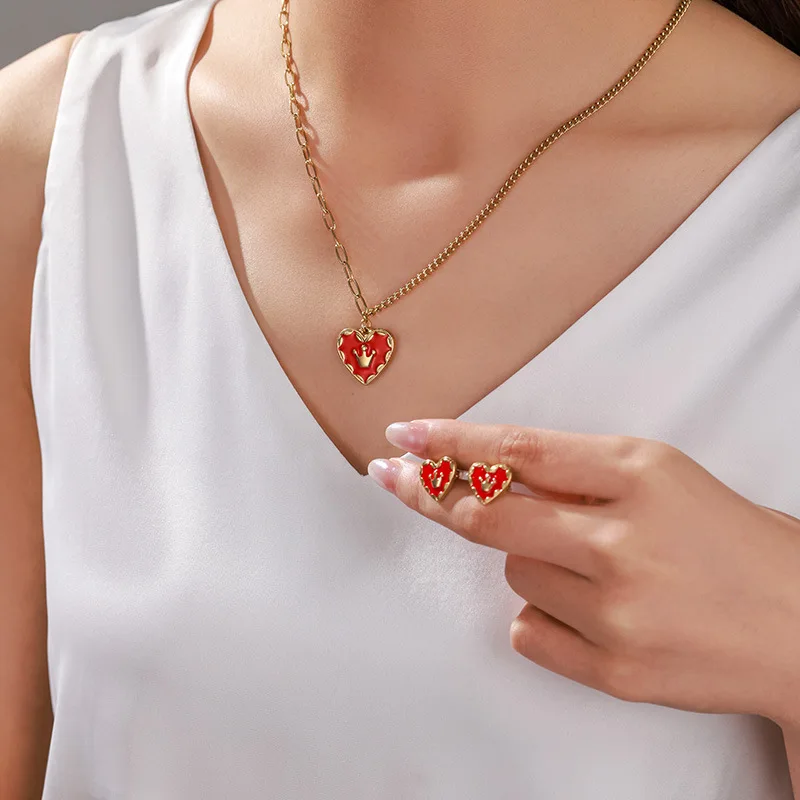 

Fashion gold necklace stud earrings set women's red love personality temperament jewelry