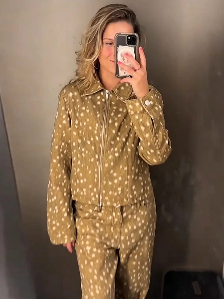 Retro Amerikanischer Hirsch-Punktdruck 2-Teiliges Outfit Reißverschluss-Jacke Knopflose Weite Hose 2026 Winter Neue Lässige Damen-Hosen-Sets – Detail 13