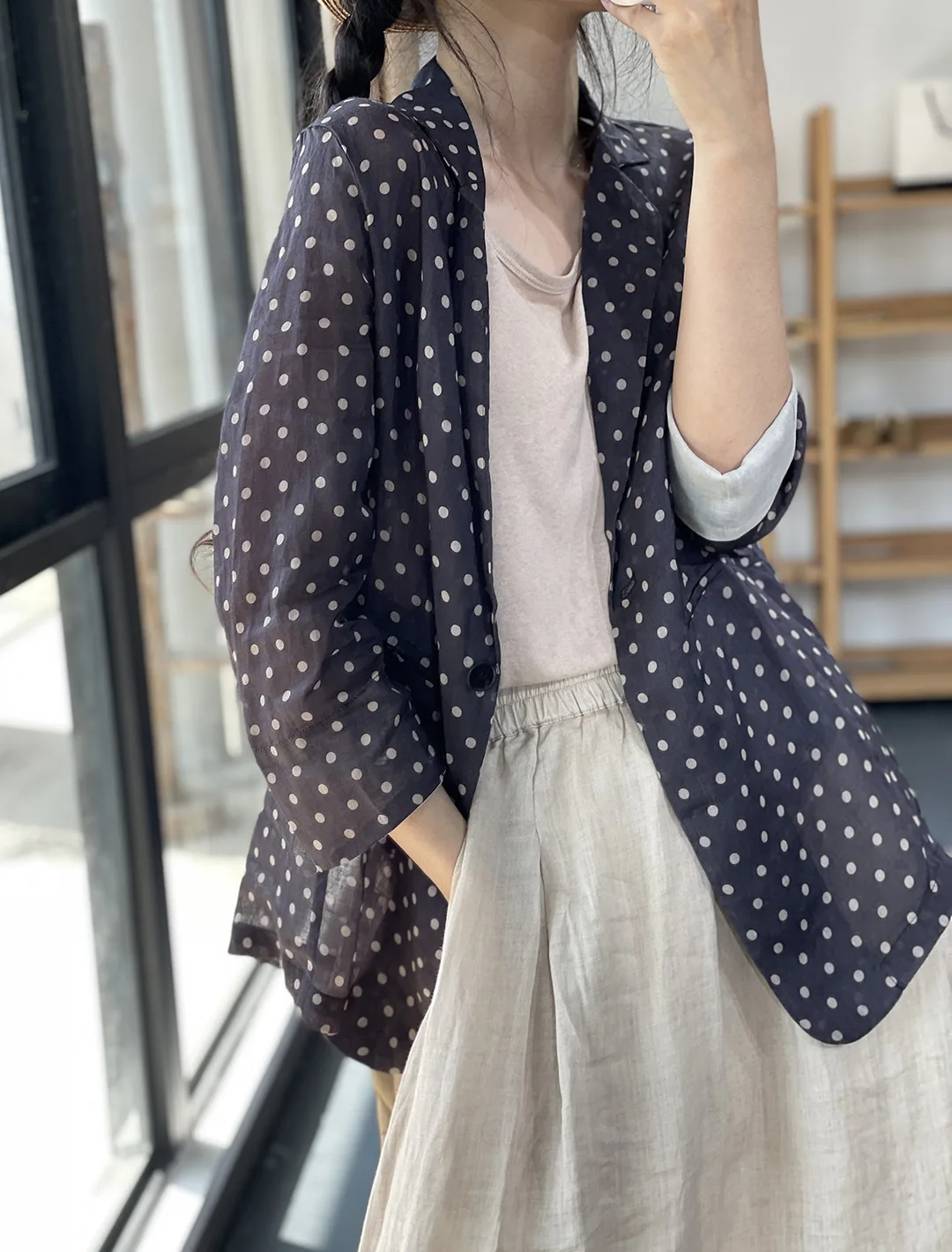 Retro katoenen linnen pak Jaet Dames Zomer Los Casual Lichtgewicht Zonbescherming Top Eén knop Lange Sve Normale lengte