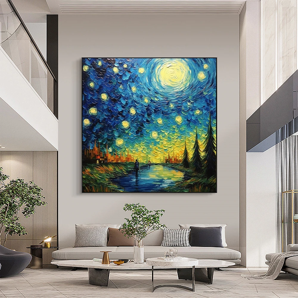 Hand Painted Oil Painting Original Starry Sky Oil Painting on Canvas Abstract Impressionism Painting Blue Landscape Art Decor