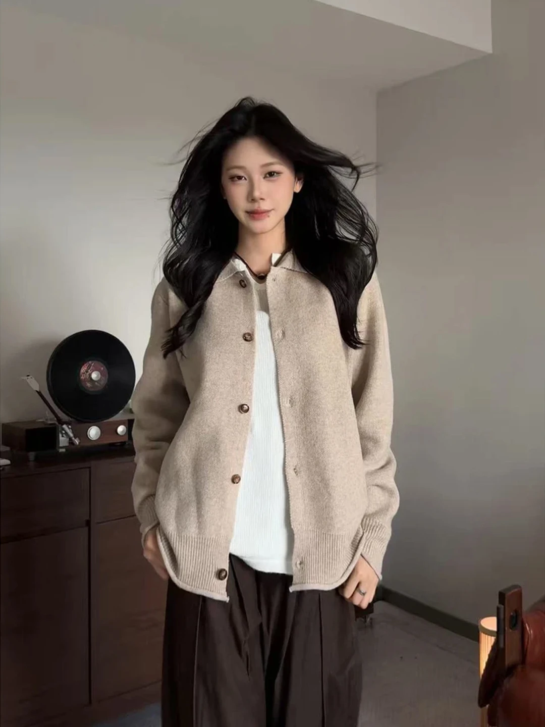 

Loose Fit Knitted Cardigan Coat Men's Autumn Winter Khaki Lazy Sle Stand Collar Sweater Comfortable Breathable Long Sve