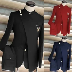 African Style Men's Suit 2 Piece Set Single Breasted Blazer Groom Wedding Tuxedo Gold Button Design Formal Jacket Pants 2 Piece