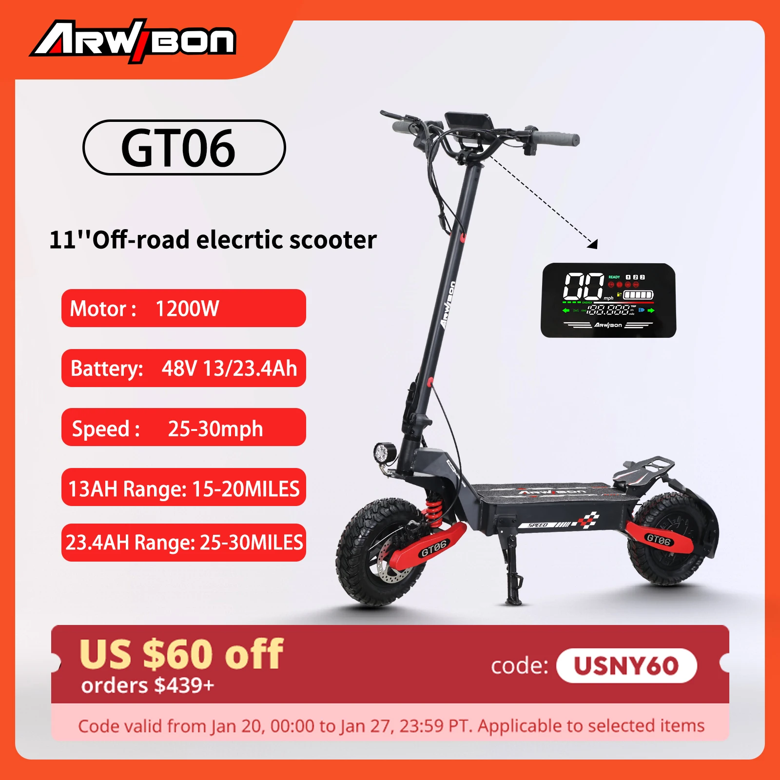 Arwibon GT06 Adult Electric Scooter, Speed up to 30MPH, 48V/13/23.4AH , 11 Inch Off-Road Tires, Foldable Sport Commuter EScooter