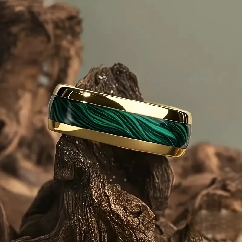 Modischer schwarzer Herrenring aus Edelstahl mit vulkanischer Lava und goldenem Folienmuster-Einlage – Ringe für Herren, Hochzeitsschmuck, Direktversand