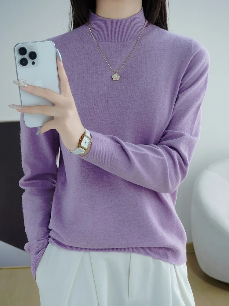 

Casual Knitted Base irt Women's Loose Fit f High Collar Slimming Concealing Outerwear Soft Pure Color Long Sve Top